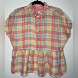 Isaac Mizrahi linen plaid peplum blouse